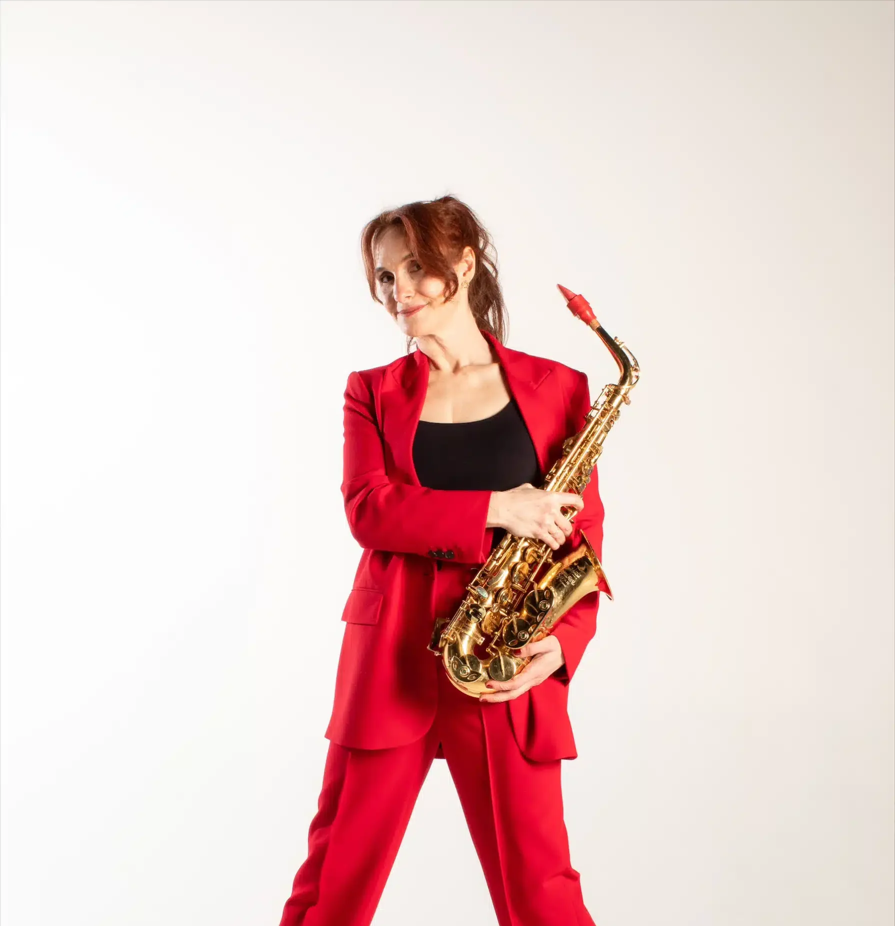 saxophonist in red