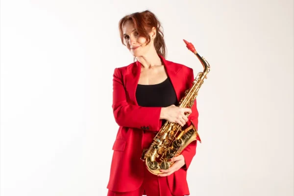 saxophonist in red